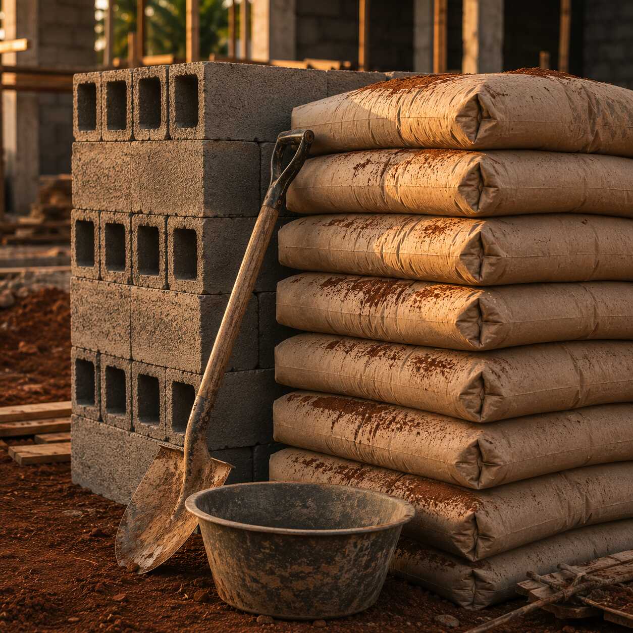 Reinforcement bar and cement bags stacked and labelled on a Solidus site, ordered to exact quantity